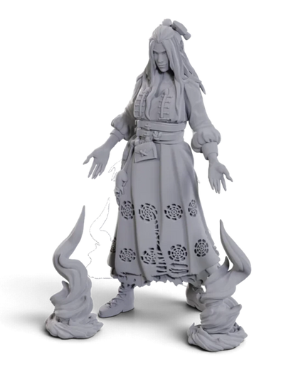 VaultifyUK Critical Role Laudna unpainted miniature featuring detailed warlock figure with magical smoke effects