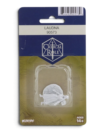 VaultifyUK Critical Role Laudna unpainted miniature in blister packaging, primed and ready for tabletop painting.