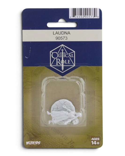 VaultifyUK Critical Role Laudna unpainted miniature in blister packaging, primed and ready for tabletop painting.