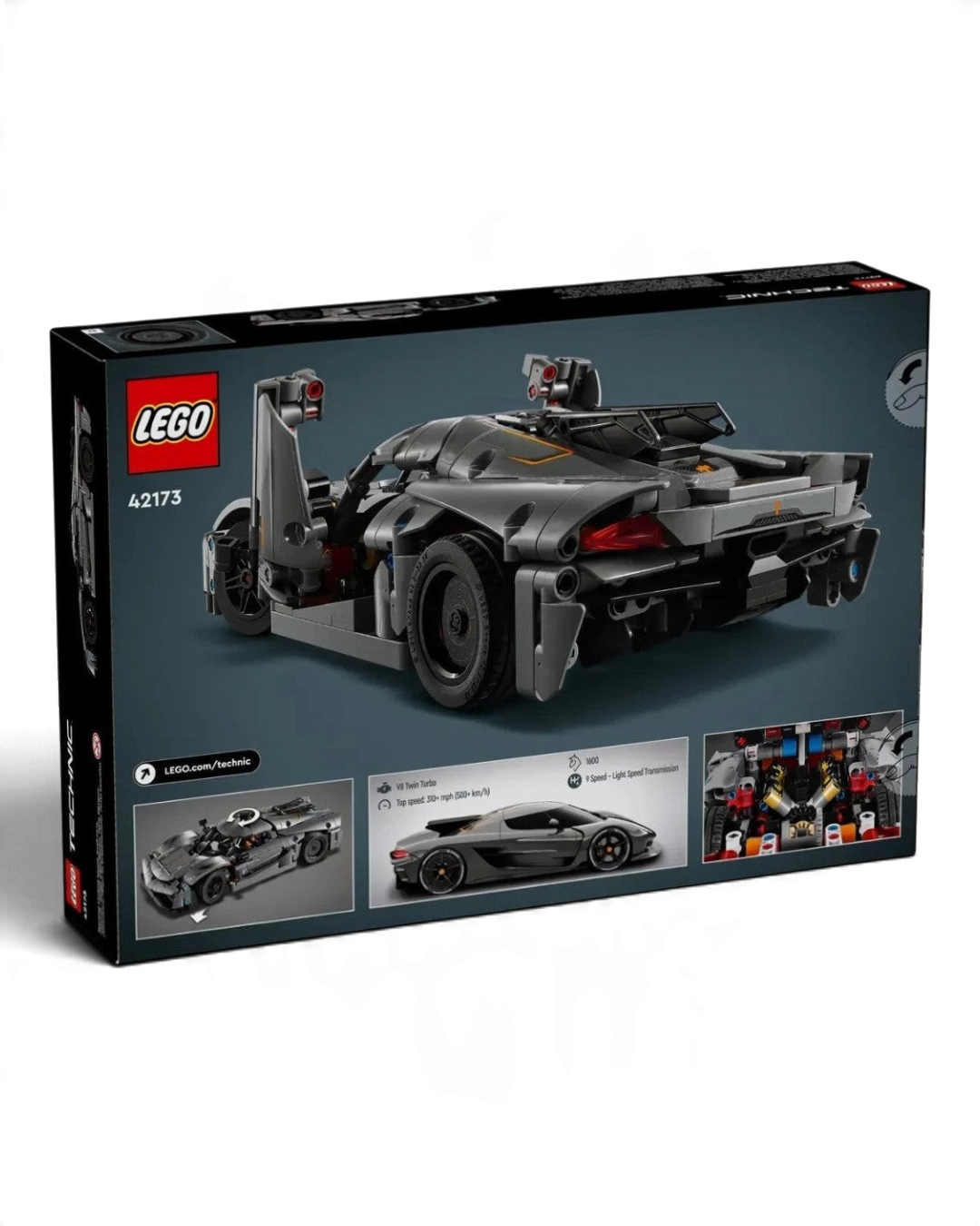 LEGO Technic Koenigsegg Jesko Absolut 42173 packaging showing functional model features