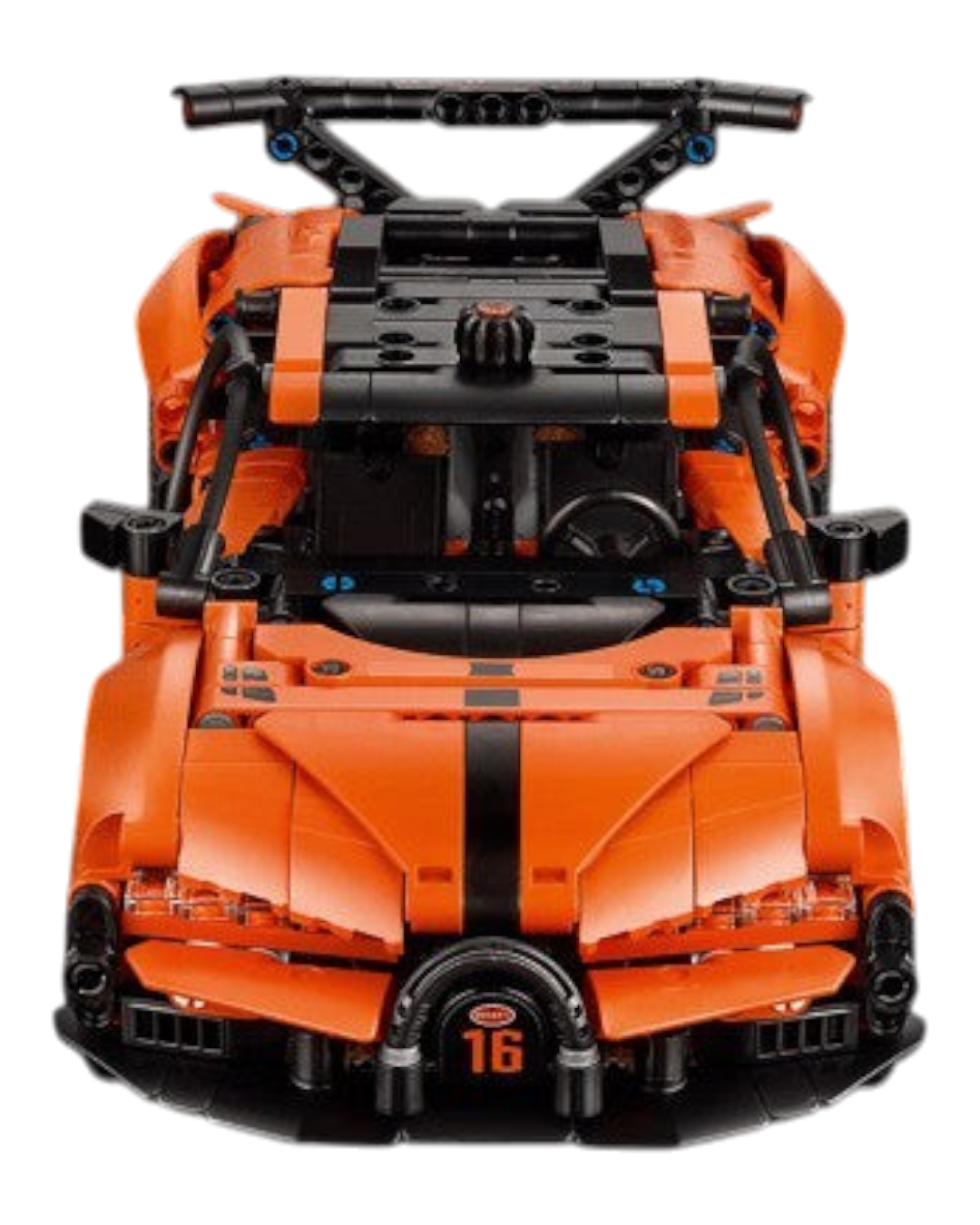 VaultifyUK LEGO Technic Bugatti Chiron Pur Sport hypercar model in orange and black with detailed front view