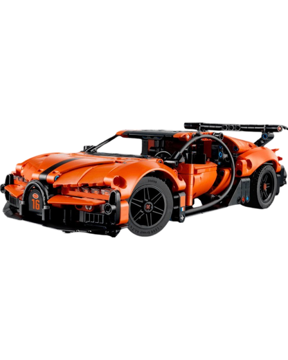 VaultifyUK LEGO Technic Bugatti Chiron Pur Sport hypercar model in vibrant orange and black with detailed features.