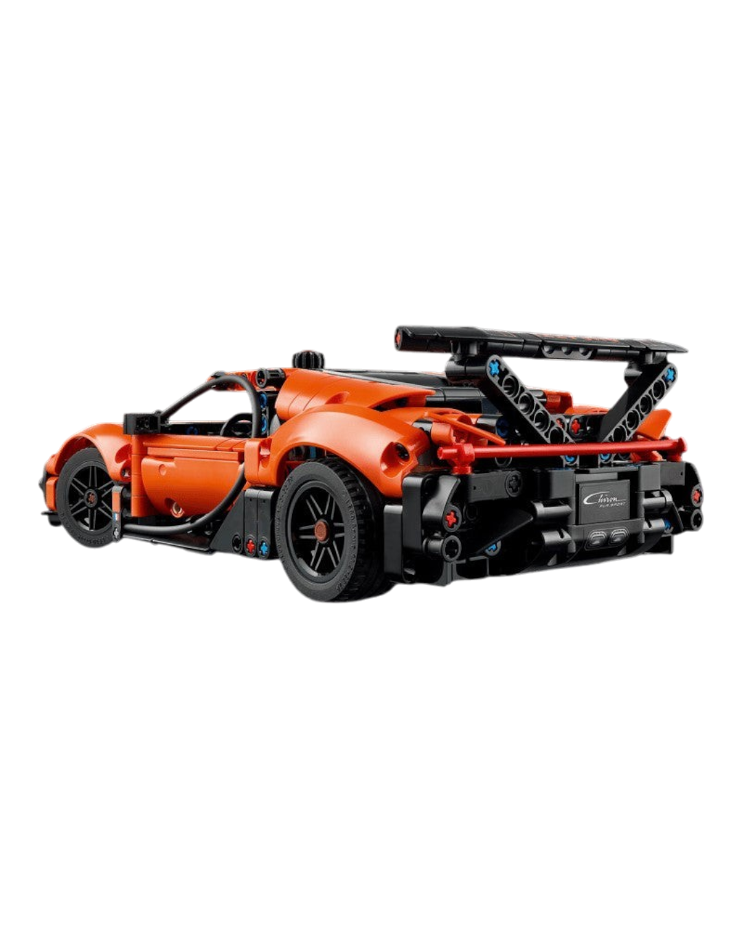 VaultifyUK LEGO Technic Bugatti Chiron Pur Sport hypercar model in orange and black with rear spoiler detail
