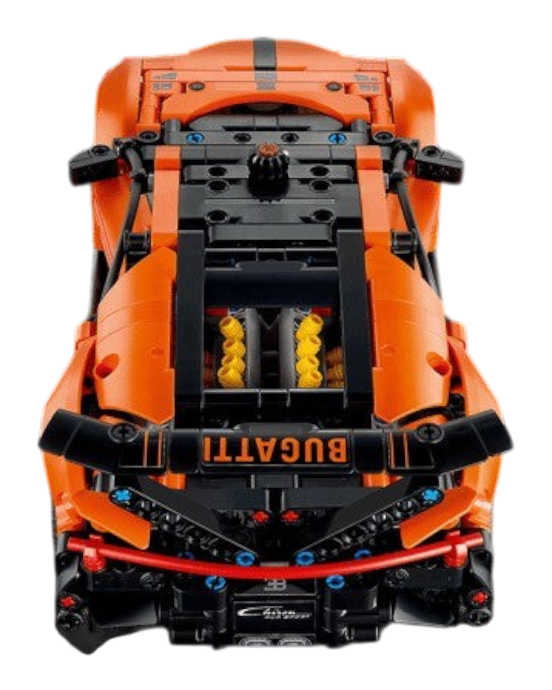 VaultifyUK LEGO Technic Bugatti Chiron Pur Sport hypercar model in orange and black, viewed from the rear.