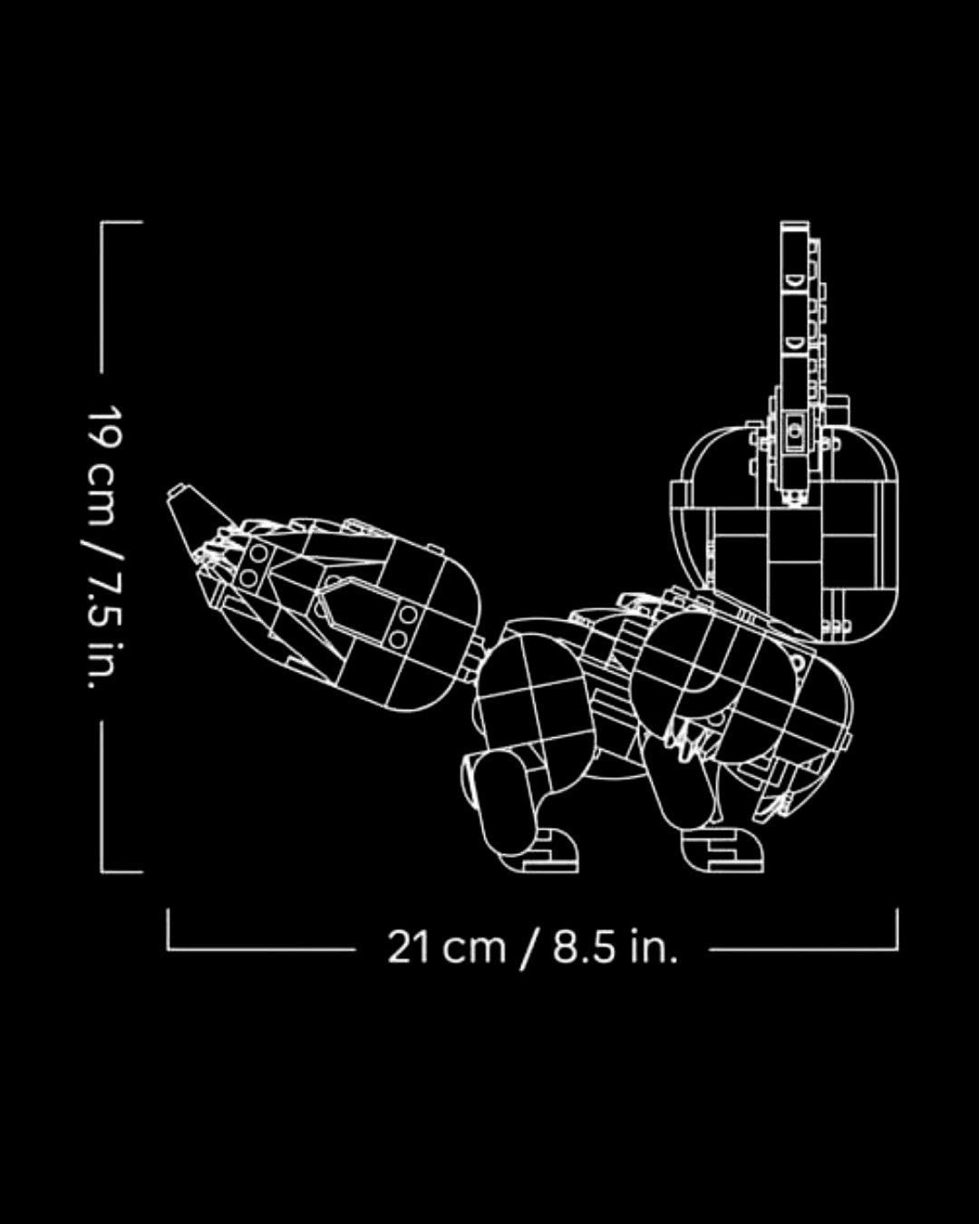 VaultifyUK LEGO Eevee Pokémon sculpture showing side profile dimensions of 19cm height and 21cm length in white outline