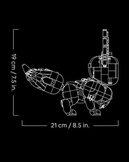 VaultifyUK LEGO Eevee Pokémon sculpture showing side profile dimensions of 19cm height and 21cm length in white outline