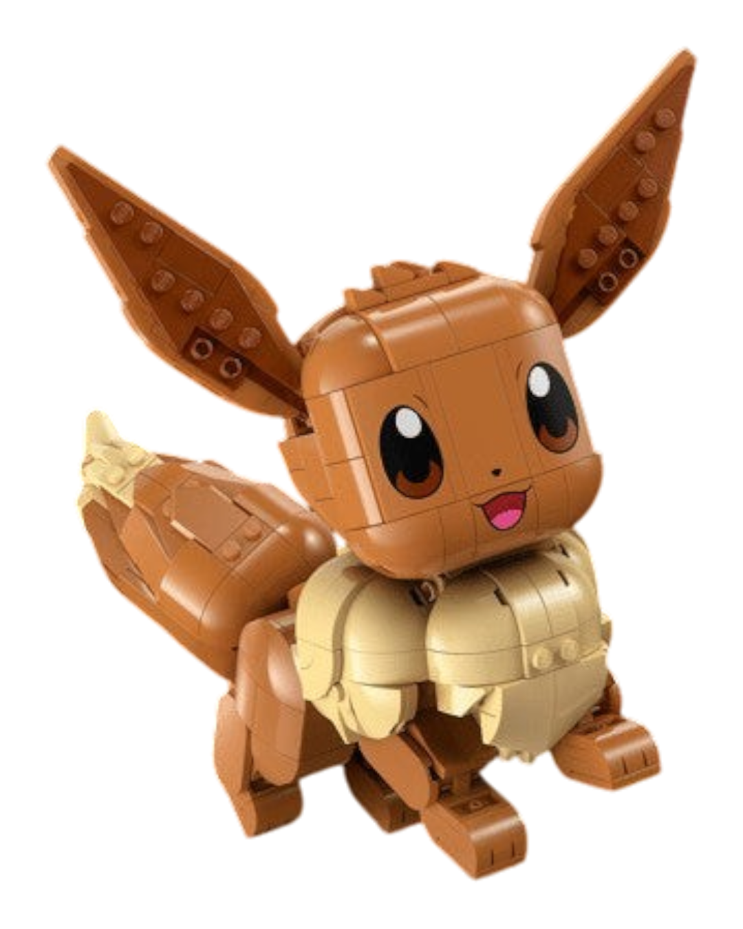 VaultifyUK LEGO Eevee Pokémon sculpture with brown fur and cream chest detail, posed on a black background.