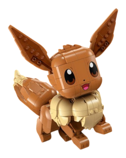 VaultifyUK LEGO Eevee Pokémon sculpture with brown fur and cream chest detail, posed on a black background.