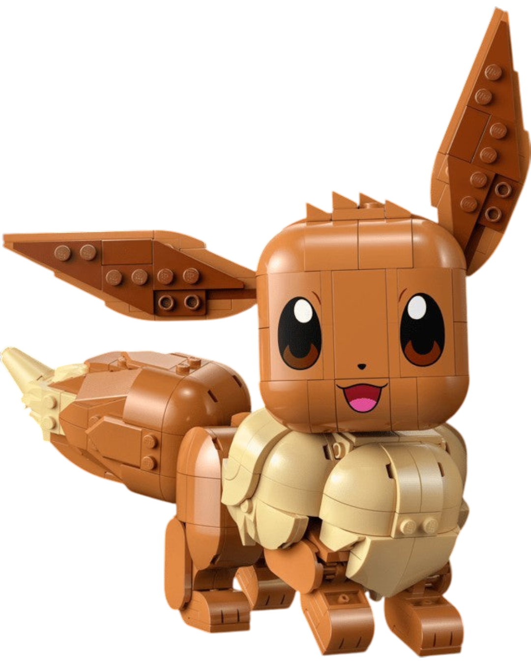 VaultifyUK LEGO Eevee Pokémon figure with brown fur, large ears, and a happy expression on a black background.