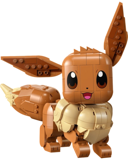VaultifyUK LEGO Eevee Pokémon figure with brown fur, large ears, and a happy expression on a black background.