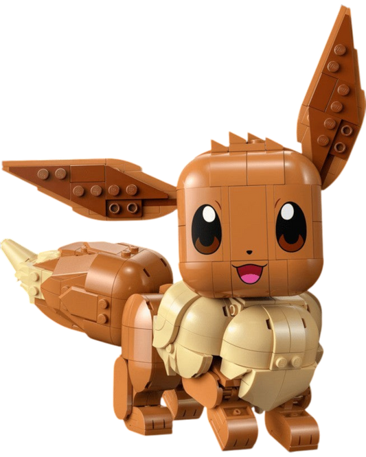 VaultifyUK LEGO Eevee Pokémon figure with brown fur, large ears, and a happy expression on a black background.