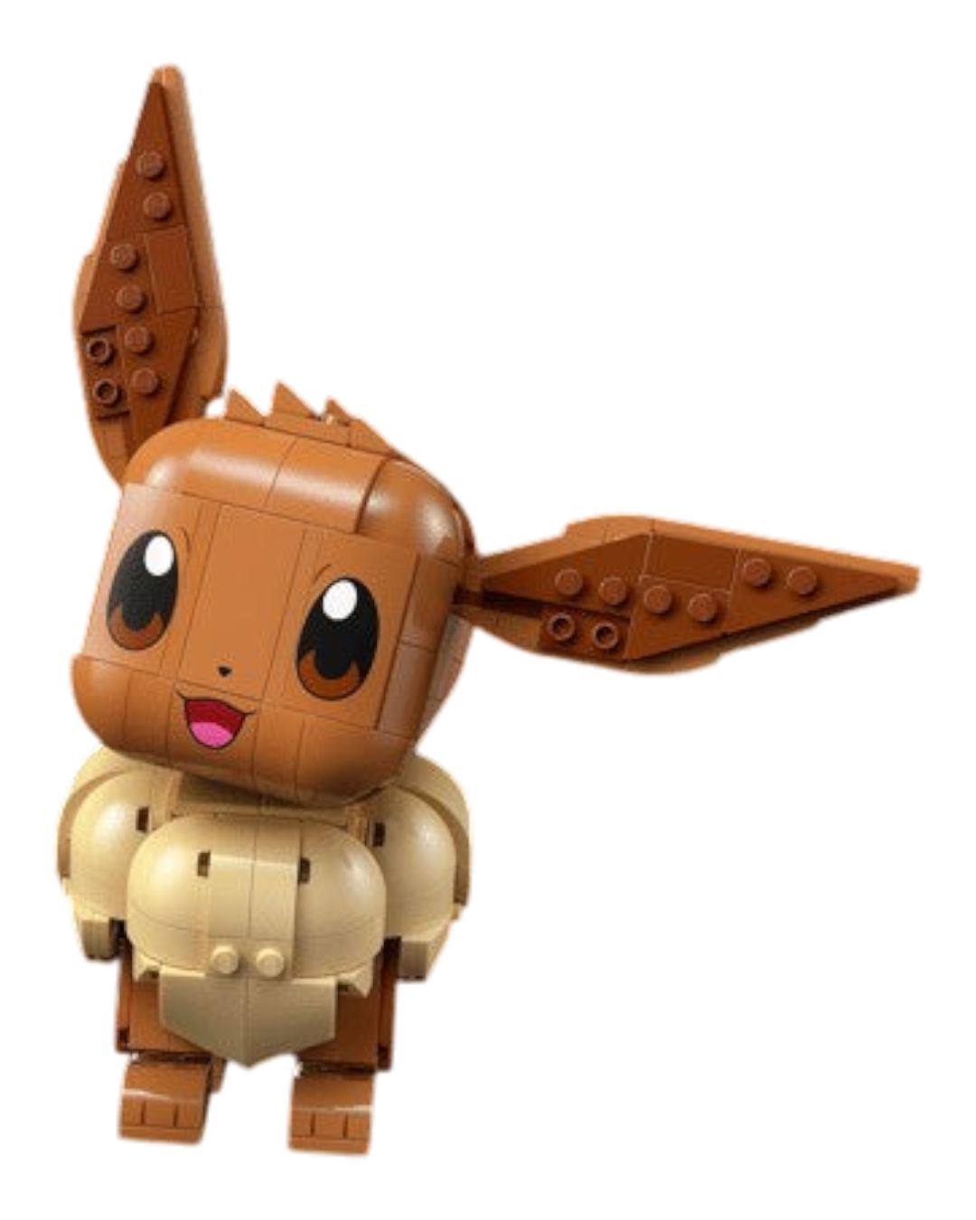 VaultifyUK LEGO Eevee Pokémon sculpture with brown fur and expressive pose against a black background
