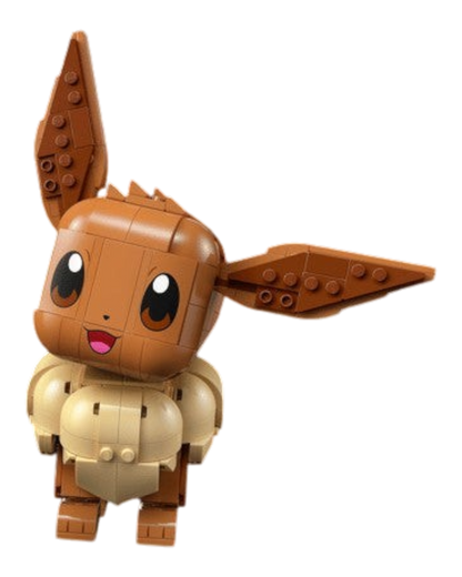VaultifyUK LEGO Eevee Pokémon sculpture with brown fur and expressive pose against a black background