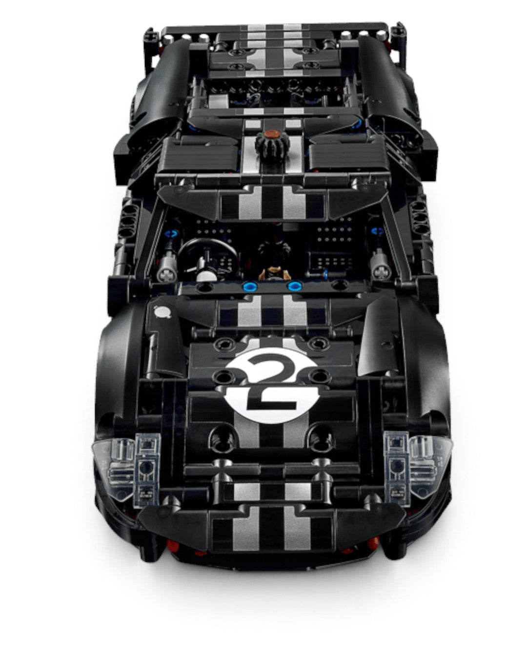 VaultifyUK LEGO Technic 1966 Ford GT40 MKII race car model in black and silver with number 2 livery, top view.