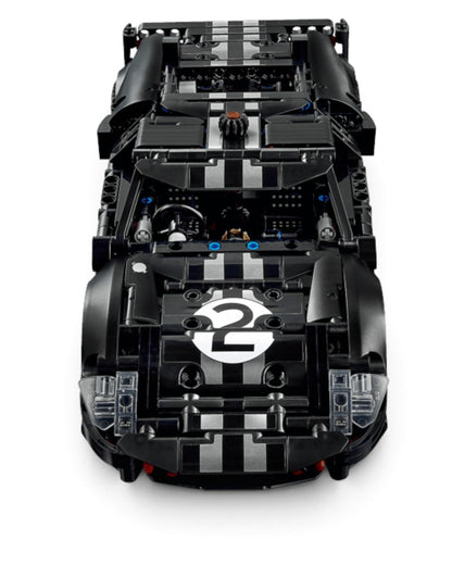 VaultifyUK LEGO Technic 1966 Ford GT40 MKII race car model in black and silver with number 2 livery, top view.