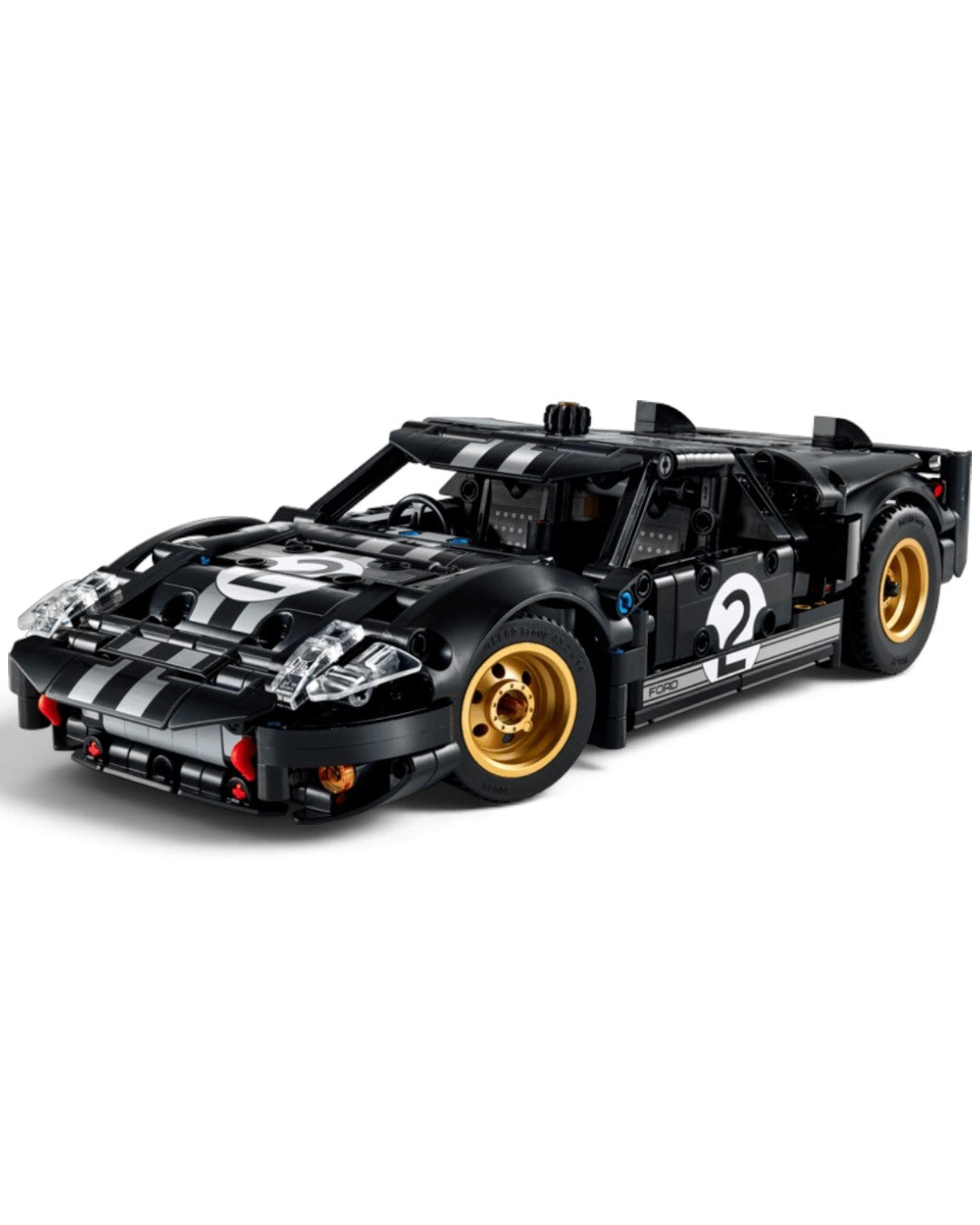 VaultifyUK LEGO Technic 1966 Ford GT40 MKII race car model in black and silver with metallic gold wheels.