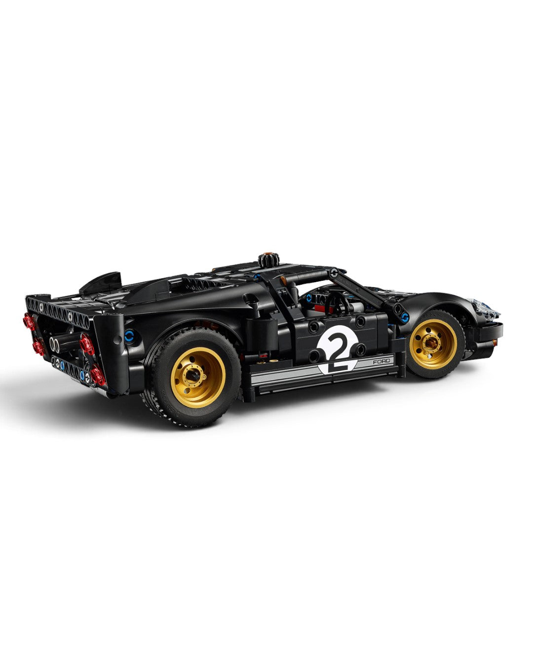 VaultifyUK LEGO Technic 1966 Ford GT40 MKII race car model in black with gold wheels and number 2 racing livery