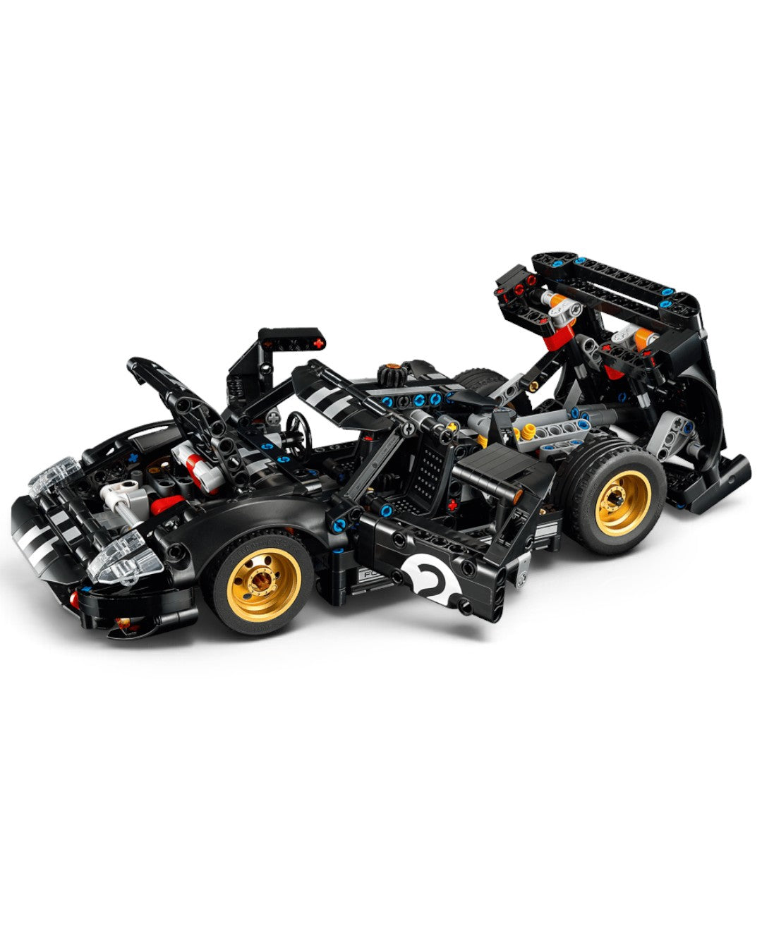 VaultifyUK LEGO Technic 1966 Ford GT40 MKII race car model in black with gold wheels and opening doors and engine cover