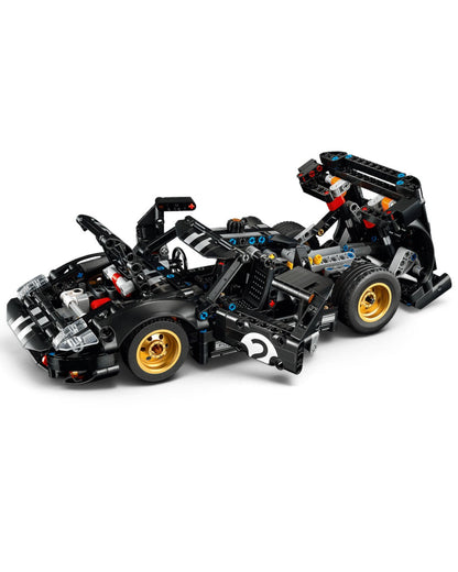 VaultifyUK LEGO Technic 1966 Ford GT40 MKII race car model in black with gold wheels and opening doors and engine cover