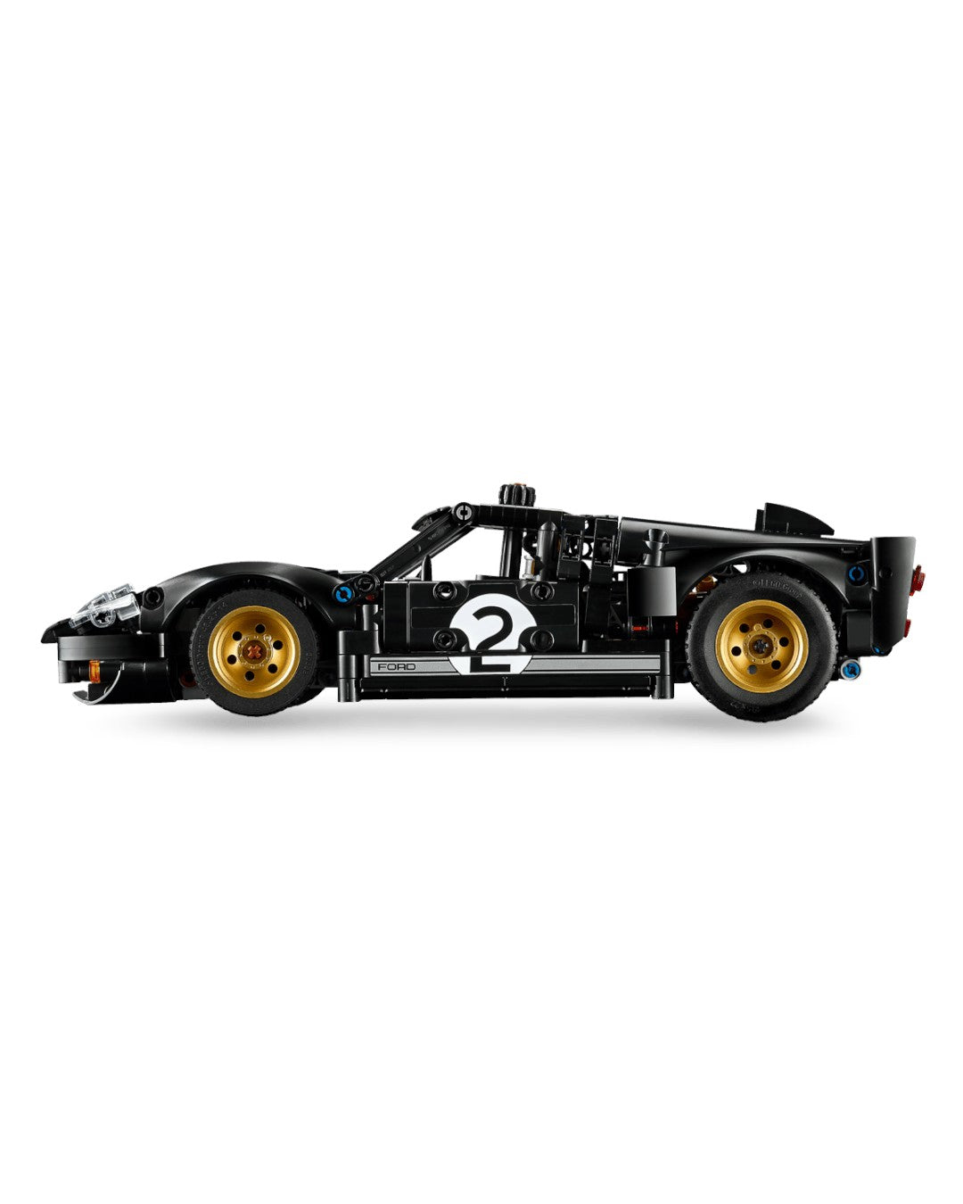 VaultifyUK LEGO Technic 1966 Ford GT40 MKII race car model in black with gold wheels and number 2 racing livery