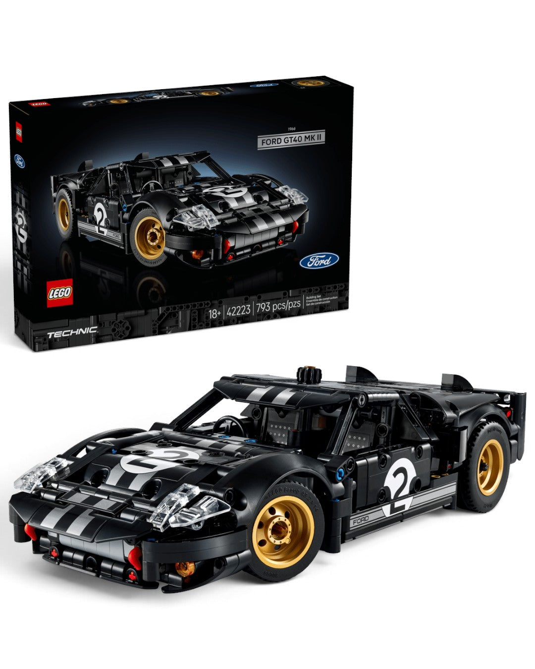 VaultifyUK LEGO Technic 1966 Ford GT40 MKII race car model in black with gold wheels and number 2 racing livery