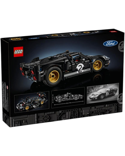 VaultifyUK LEGO Technic 1966 Ford GT40 MKII race car model box showing the black vehicle with gold wheels and details.