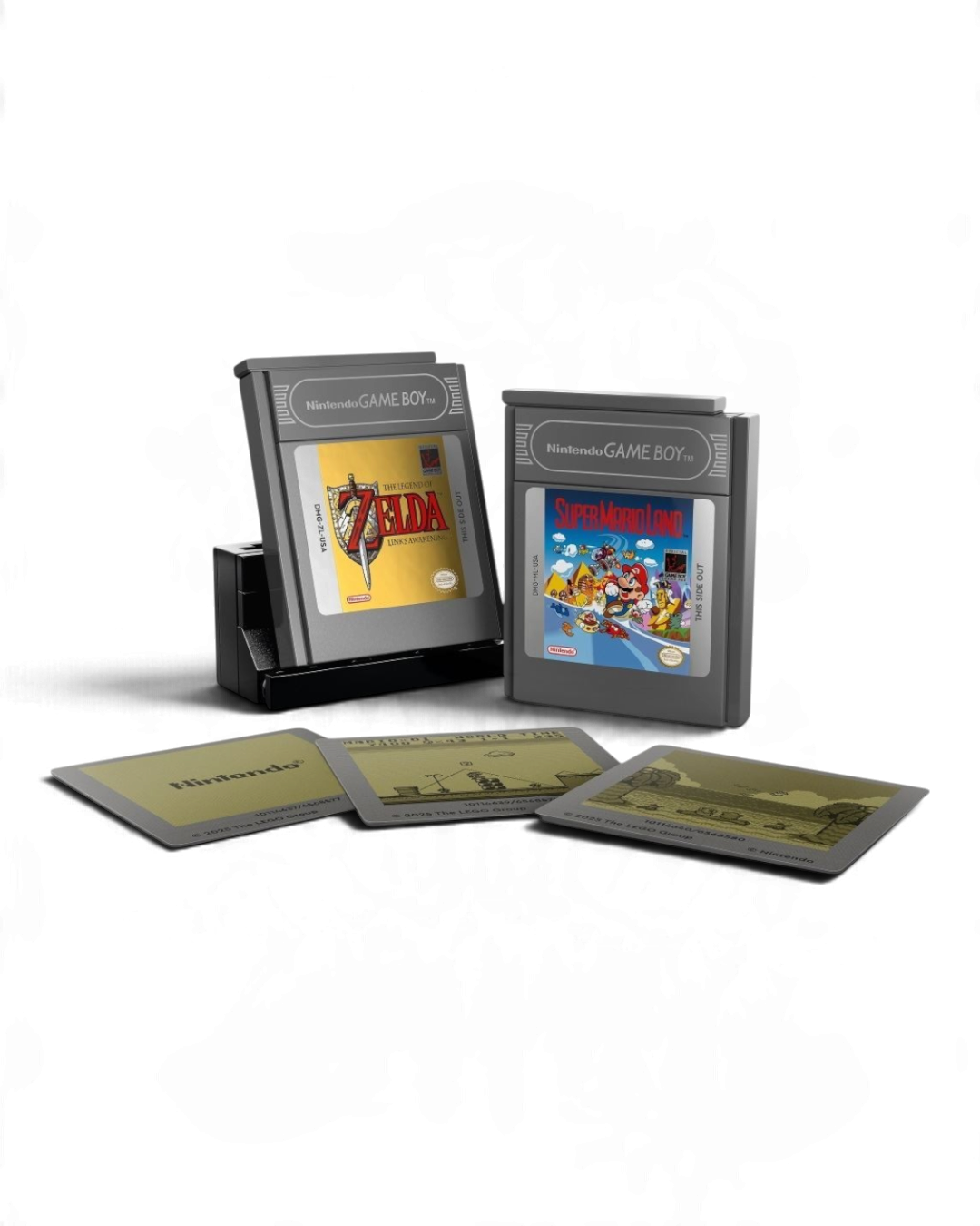 VaultifyUK LEGO Super Mario Game Boy set featuring brick-built game cartridges and retro Nintendo display screens.