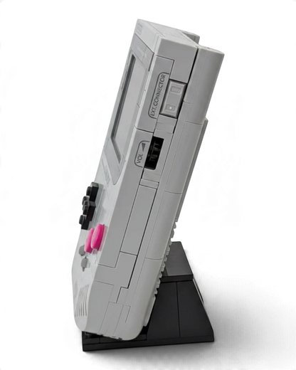 VaultifyUK LEGO Super Mario Game Boy 72046 set displayed on a black stand, showing side profile and control buttons.