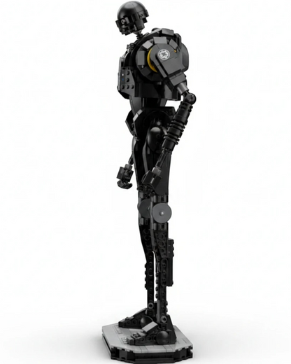 VaultifyUK LEGO Star Wars K-2SO security droid model standing on a display base, side profile view.
