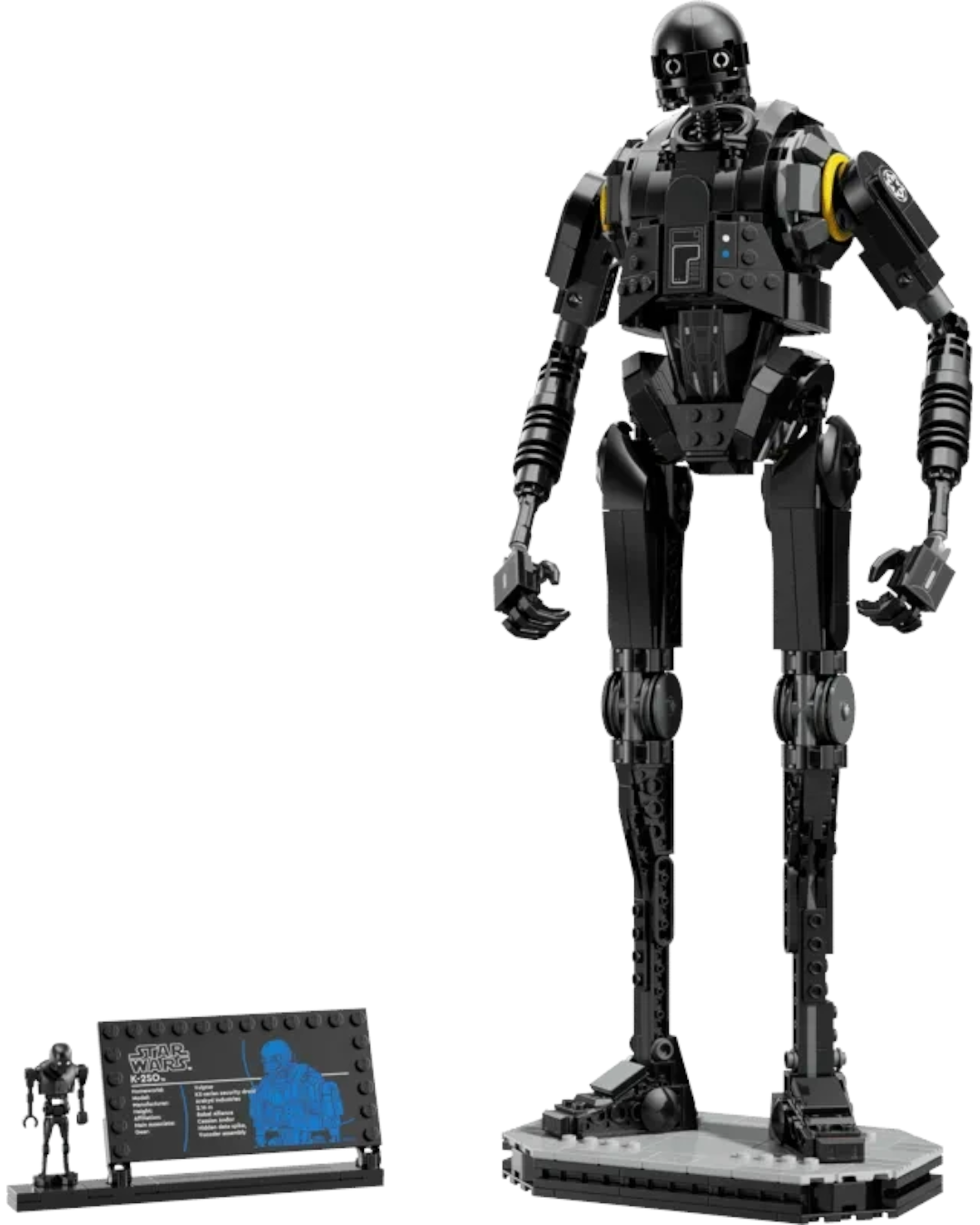 VaultifyUK LEGO Star Wars K-2SO security droid buildable figure with display stand, information plaque, and minifigure.