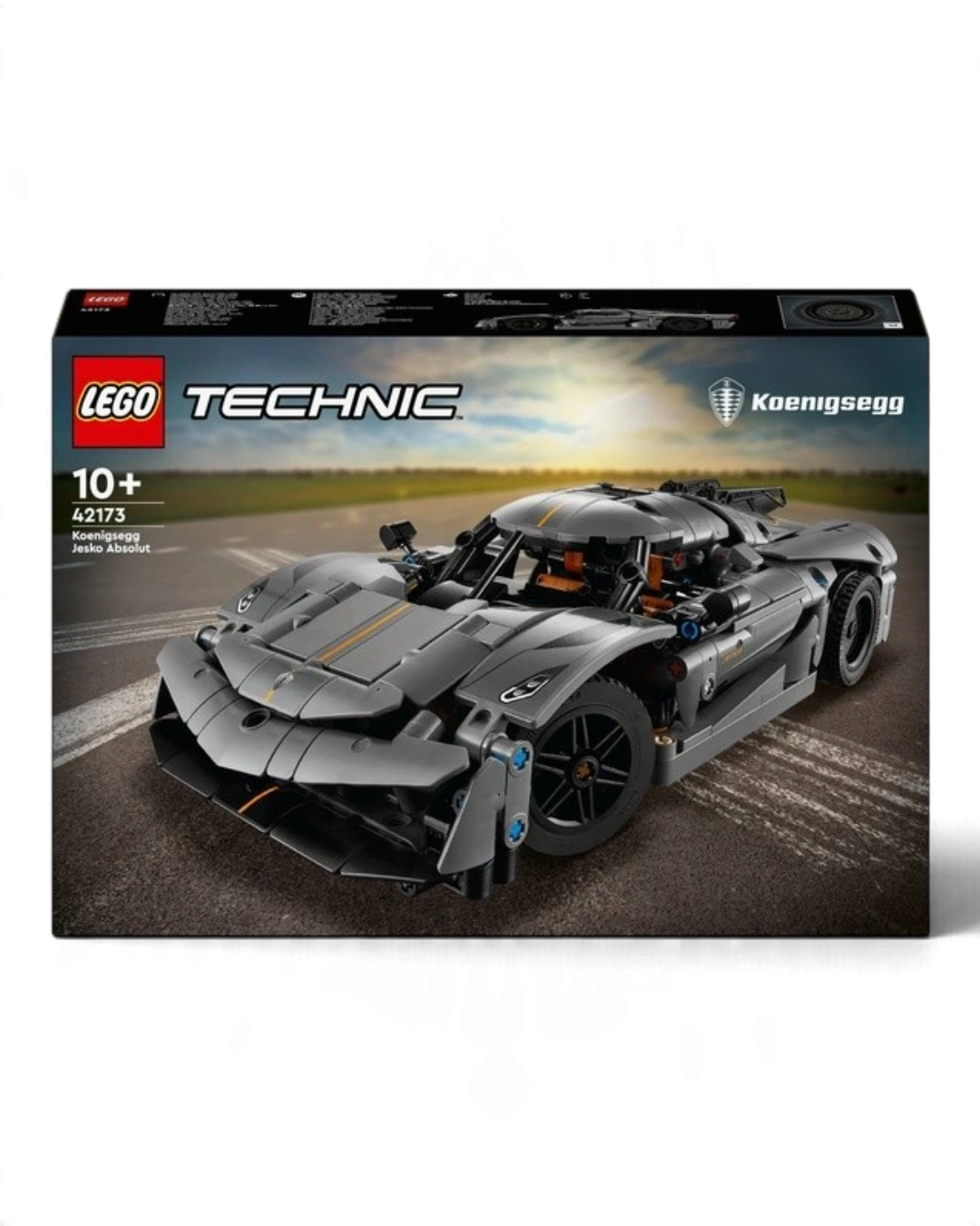 VaultifyUK LEGO Technic Koenigsegg Jesko Absolut grey hypercar model kit box art showing the finished build on a track