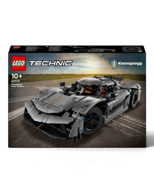 VaultifyUK LEGO Technic Koenigsegg Jesko Absolut grey hypercar model kit box art showing the finished build on a track