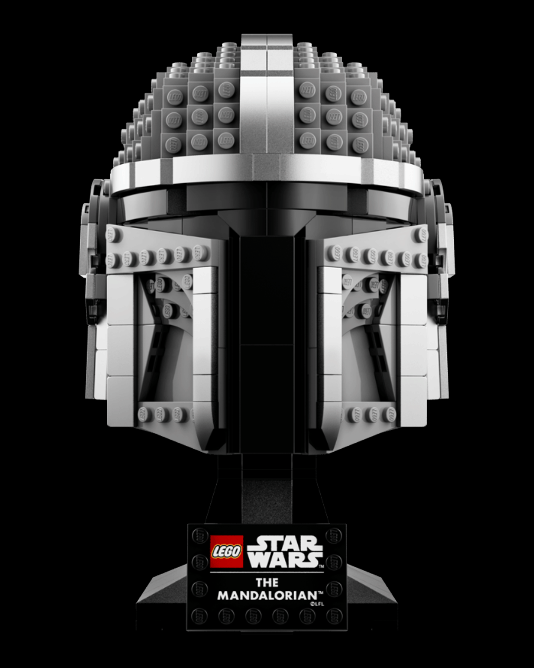 VaultifyUK LEGO Star Wars The Mandalorian helmet display set with metallic silver bricks and black nameplate stand