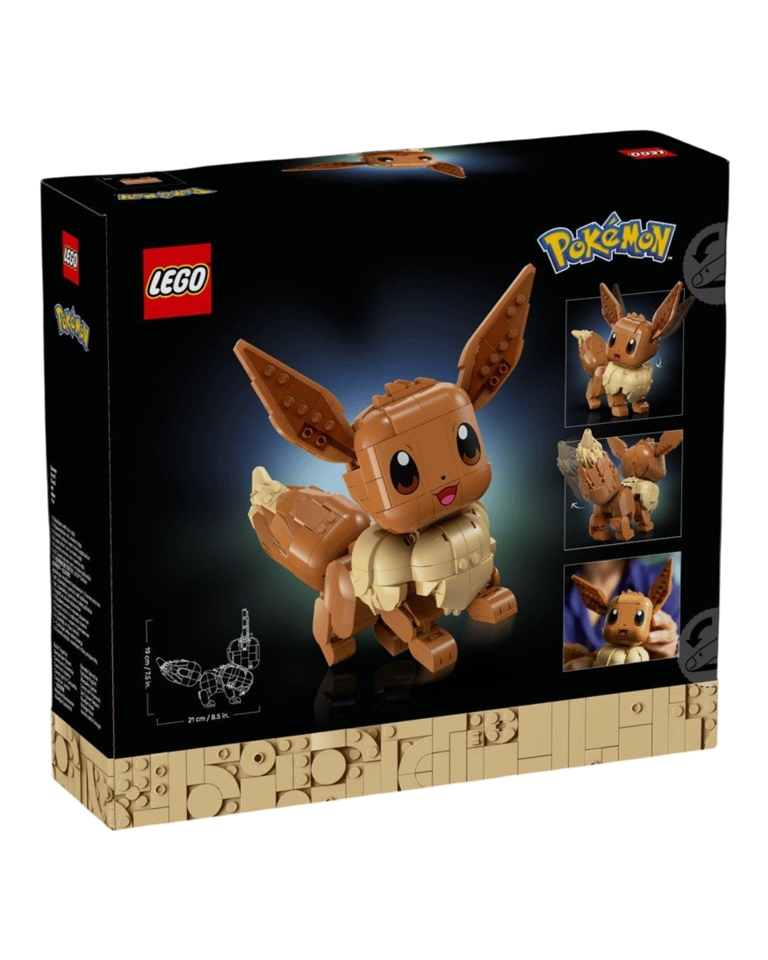VaultifyUK LEGO Pokémon Eevee building set box featuring a brown and cream brick-built figure on a black background.
