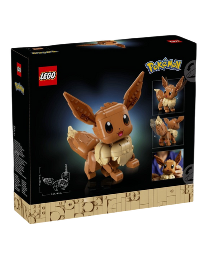VaultifyUK LEGO Pokémon Eevee building set box featuring a brown and cream brick-built figure on a black background.