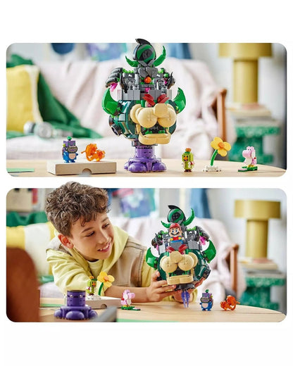 VaultifyUK LEGO Super Mario Castle Bowser set with Prince Florian, Pink Yoshi, and figures on a wooden table.