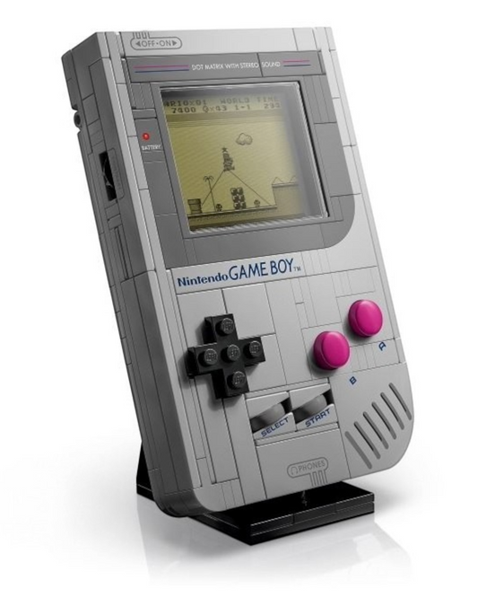 VaultifyUK LEGO Super Mario Game Boy set featuring a detailed grey brick-built retro handheld console on a stand