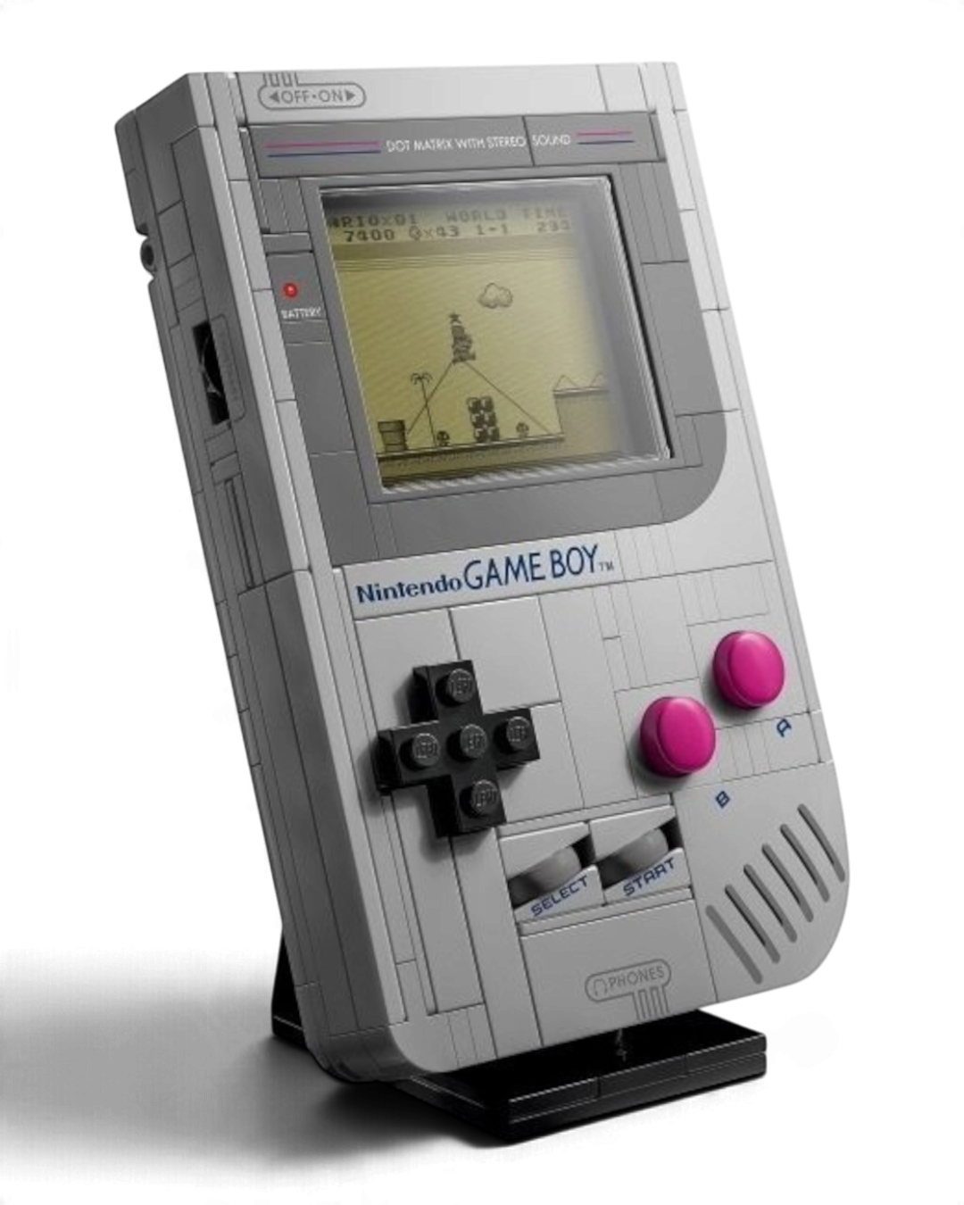 VaultifyUK LEGO Super Mario Game Boy set featuring a detailed grey brick-built retro handheld console on a stand