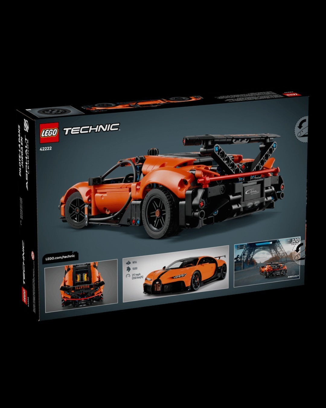 VaultifyUK LEGO Technic Bugatti Chiron Pur Sport hypercar model box showing orange and black car design