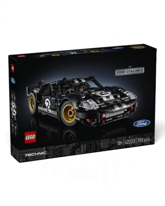 VaultifyUK LEGO Technic 1966 Ford GT40 MKII race car model kit box featuring black and silver livery with gold wheels.