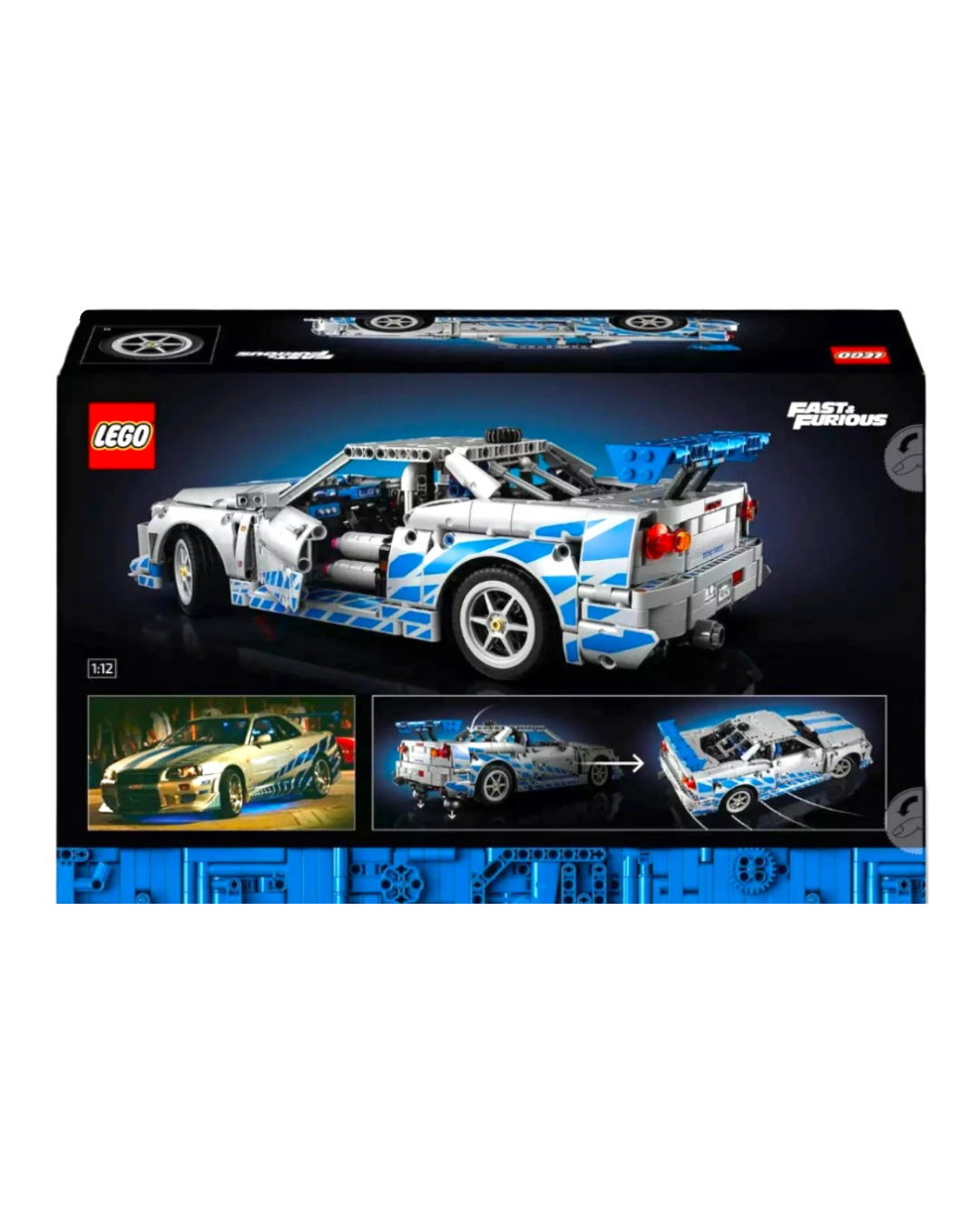 VaultifyUK LEGO Technic Nissan Skyline GT-R R34 2 Fast 2 Furious set box showing the model car with blue decals.