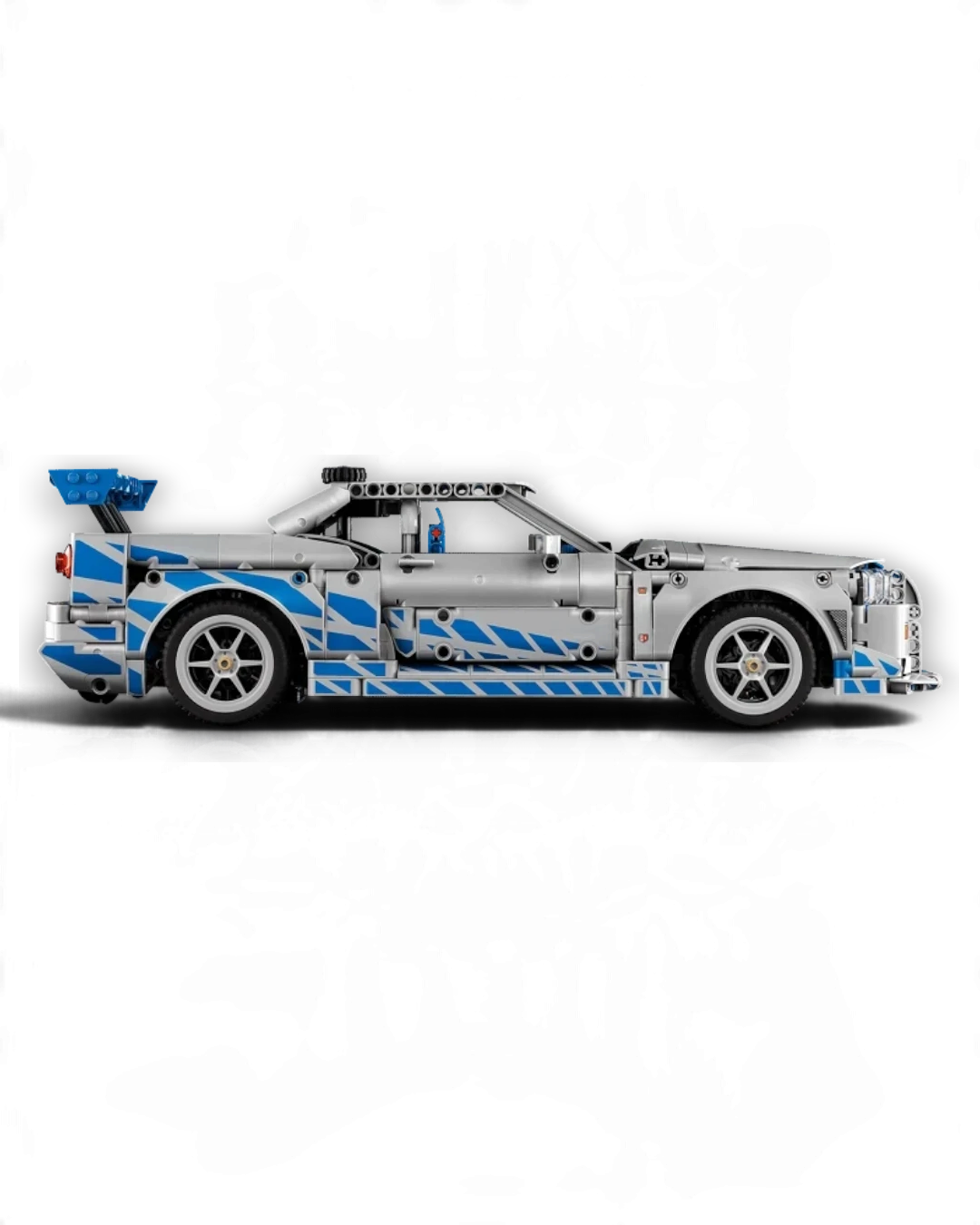VaultifyUK LEGO Technic Nissan Skyline GT-R R34 model car from 2 Fast 2 Furious with silver and blue racing livery
