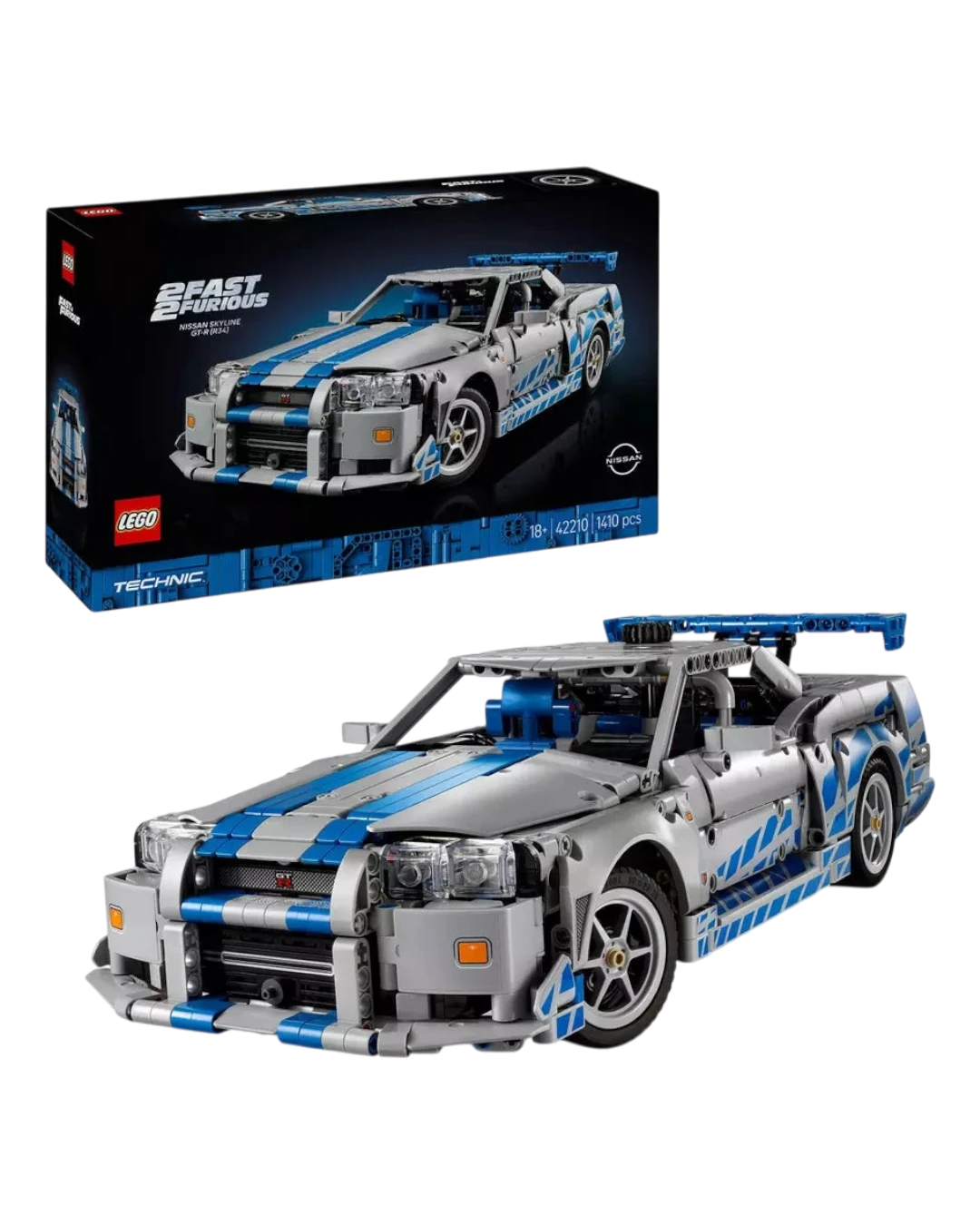 VaultifyUK LEGO Technic Nissan Skyline GT-R R34 2 Fast 2 Furious model car with blue and silver racing livery