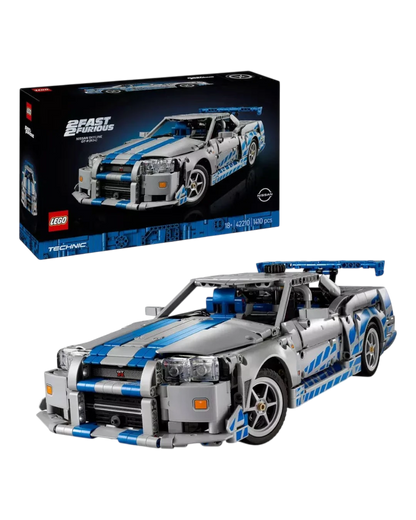 VaultifyUK LEGO Technic Nissan Skyline GT-R R34 2 Fast 2 Furious model car with blue and silver racing livery