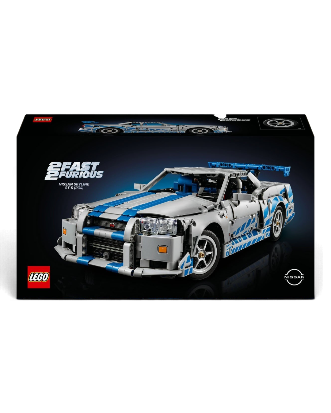 VaultifyUK LEGO Technic Nissan Skyline GT-R R34 2 Fast 2 Furious model car set in silver and blue on display box