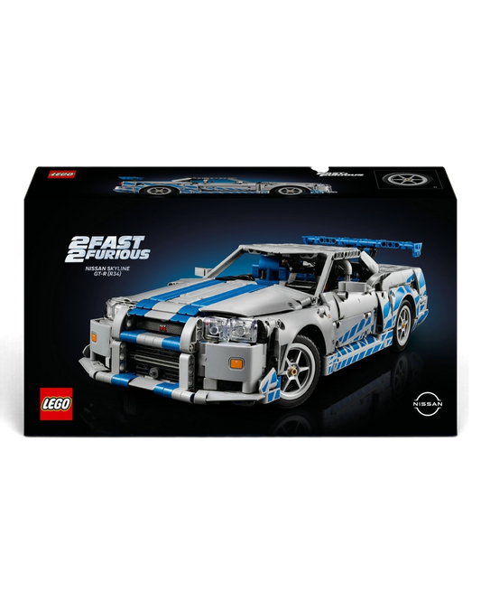 VaultifyUK LEGO Technic Nissan Skyline GT-R R34 2 Fast 2 Furious model car set in silver and blue on display box