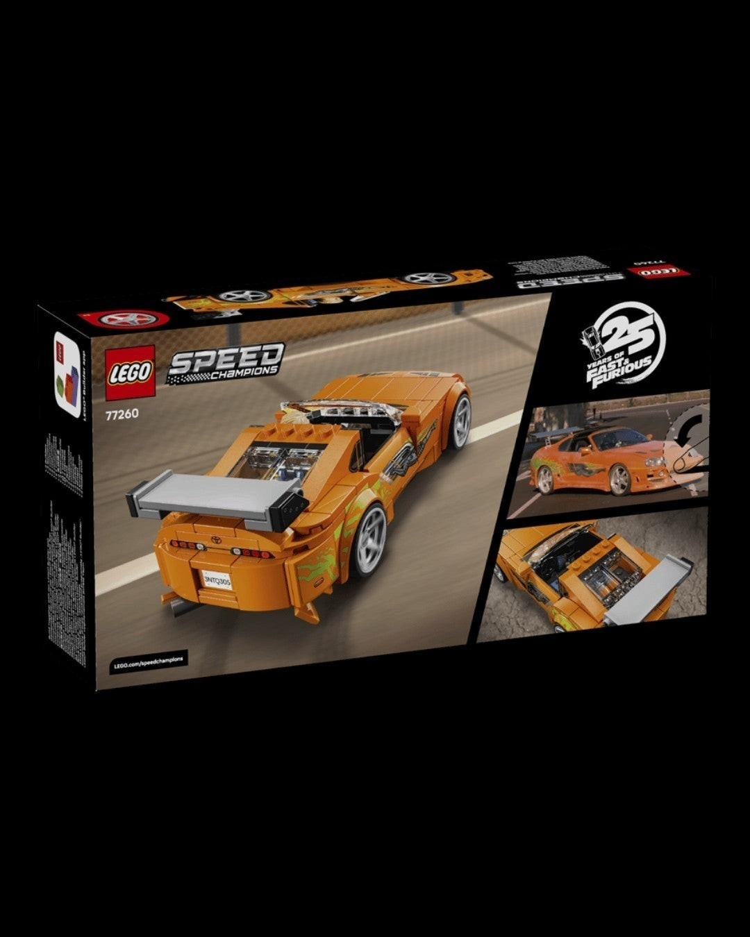 VaultifyUK LEGO Speed Champions Toyota Supra MK4 orange model car box with Brian O'Conner minifigure and graphics