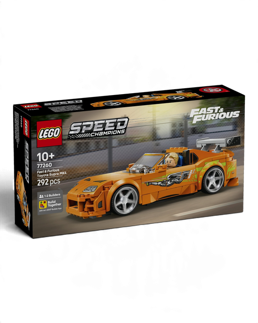 VaultifyUK LEGO Speed Champions Fast and Furious orange Toyota Supra MK4 model car with Brian O'Conner minifigure.
