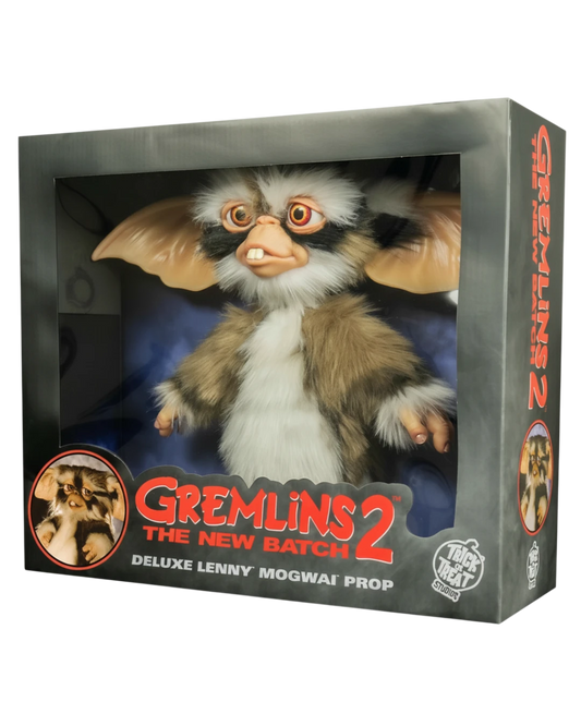 VaultifyUK 1:1 scale Lenny Mogwai prop from Gremlins 2 in its original window display box with faux fur and buck teeth.