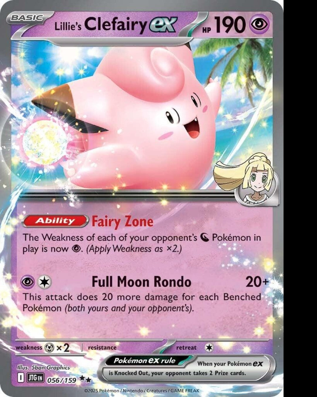 VaultifyUK Lillie's Clefairy ex 056/159 Pokémon TCG card featuring a pink Clefairy and Lillie character portrait.